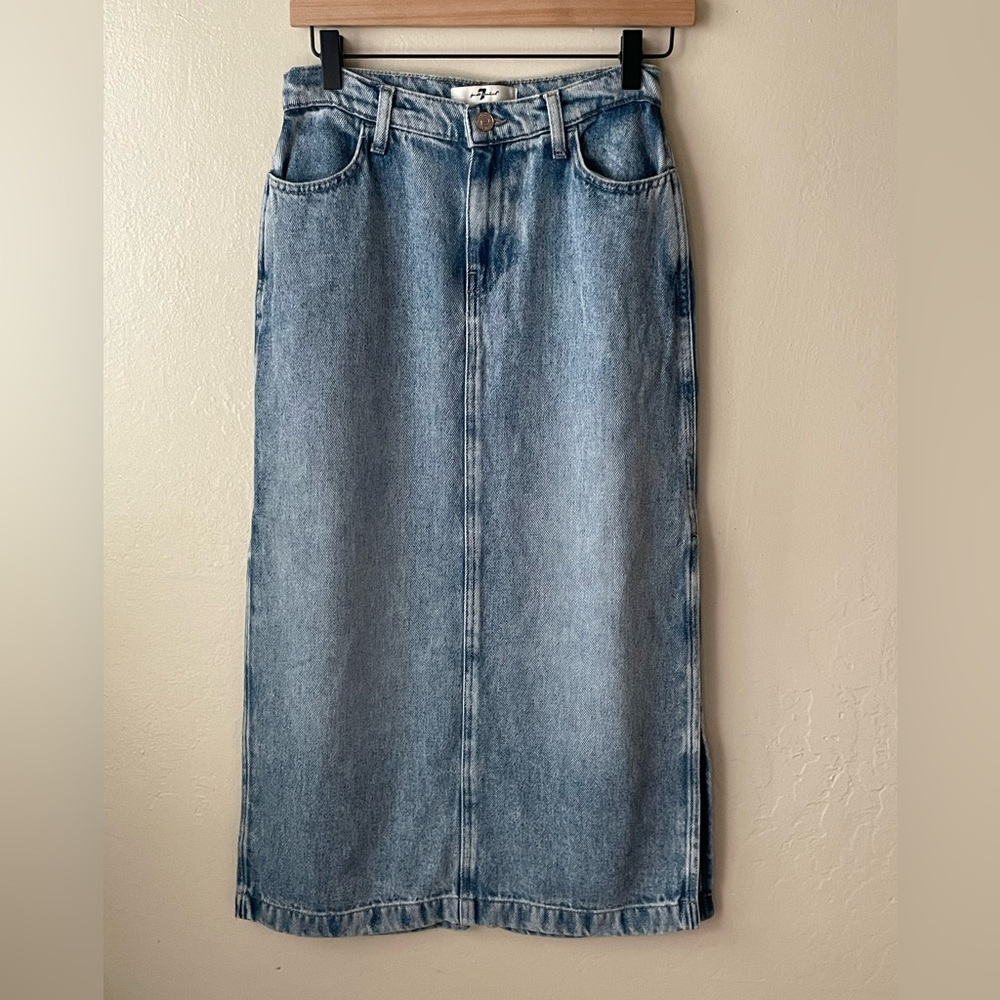 7 for all mankind high rise slit midi denim skirt